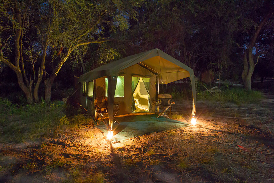 Okavango Expeditions client tent at night