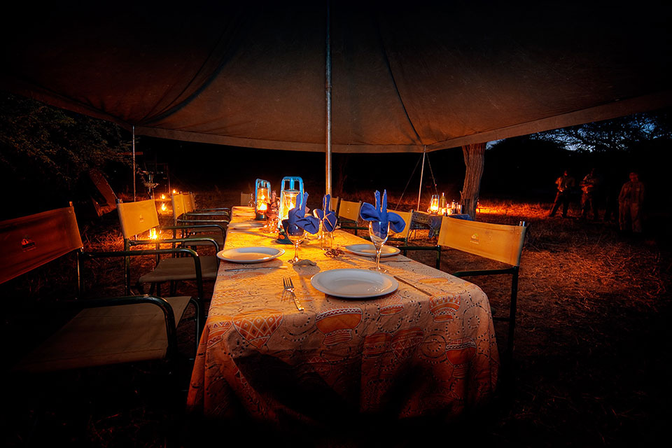 Okavango Expeditions dining tent at night