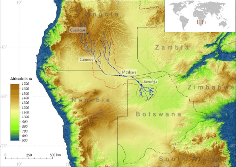 The Okavango Delta Okavango Expeditions   Map Of The Study Area In Southwestern Africa With An Underlying Digital Elevation Model 768x542 